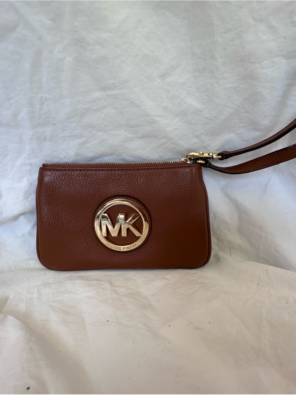 Michael Kors Chestnut Pebbled Leather Wristlet with Gold MK Emblem
